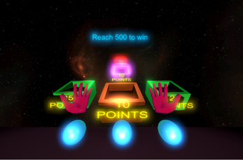 Sci-fi first person shooter game screenshot showing advanced weaponry and futuristic city environment at night with neon lights